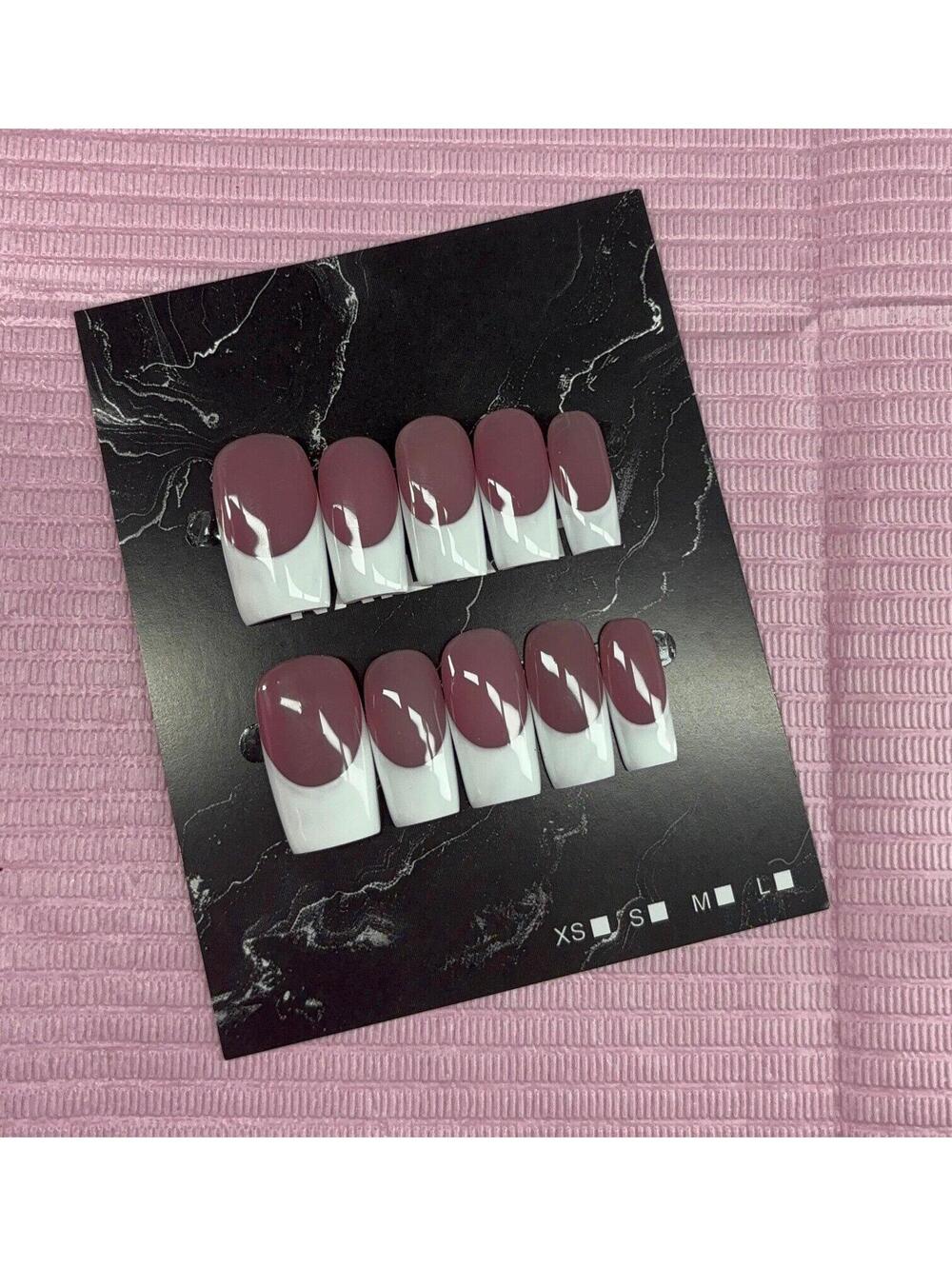 Medium square Press on nails white French tips nude handmade